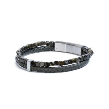 Doppeltes Armband mit grünem italienischem Leder und Obsidianstein - Double Green